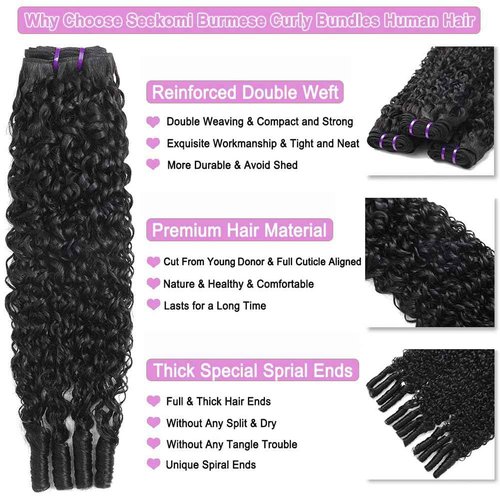 Seekomi Burmese Curly Human Hair 3 Bundles 16 18 20 Inch 100% Virgin Water Curly Bundles Human Hair with Spiral Ends Double Weft Quick Weave for Women, Natural Black Color, 300g