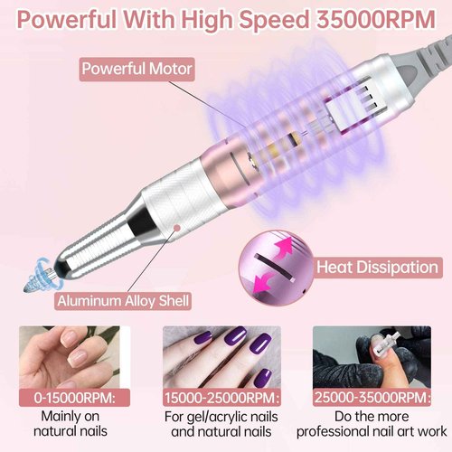 Delanie Professional Portable Electric Nail Drill Machine, 35000 RPM Rechargeable Cordless Nail Filer Electric Nail File Efle for Dip Powder Acrylic Gel Nail, Salon Nail Tool, Rose Gold