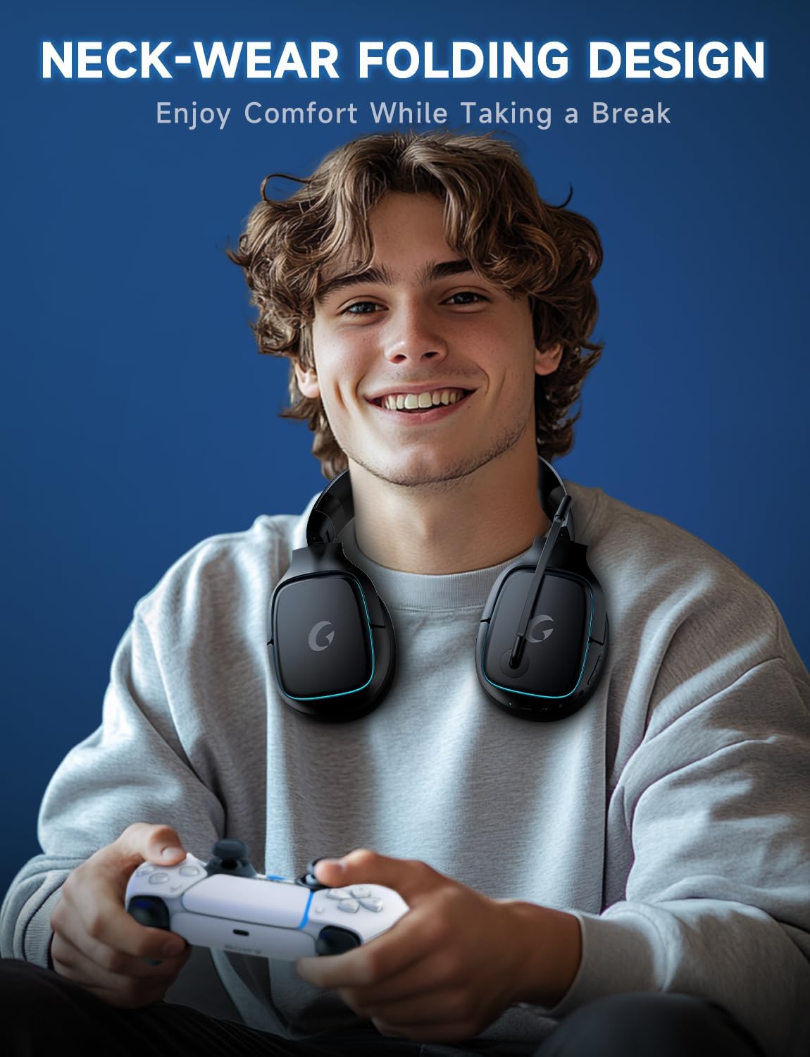 2.4GHz Wireless Gaming Headsets for PS5, PS4, PC, Switch - Bluetooth 5.3 Gaming Headphones with Noise Canceling Mic, 7.1 Surround Sound, 70H Battery, Blue Lighting - White