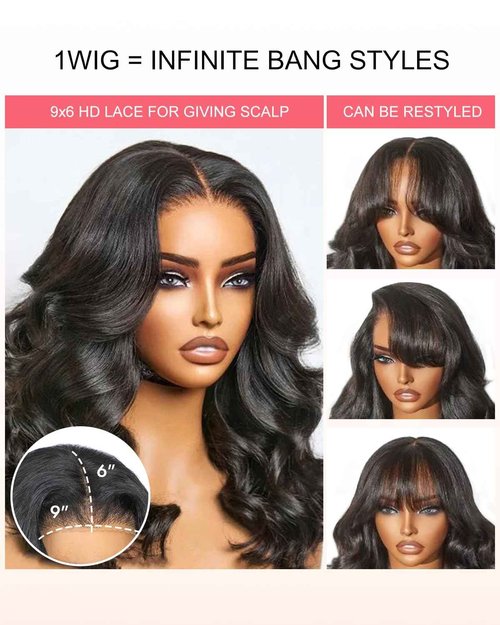 Curtain Bangs Face-Framing 9x6 Glueless Wigs Human Hair Pre Plucked Pre Cut HD Lace 200 Density Loose Body Wave Lace Front Wigs Layered Ready to Wear Closure Wigs Human Hair for Black Women 18 Inch