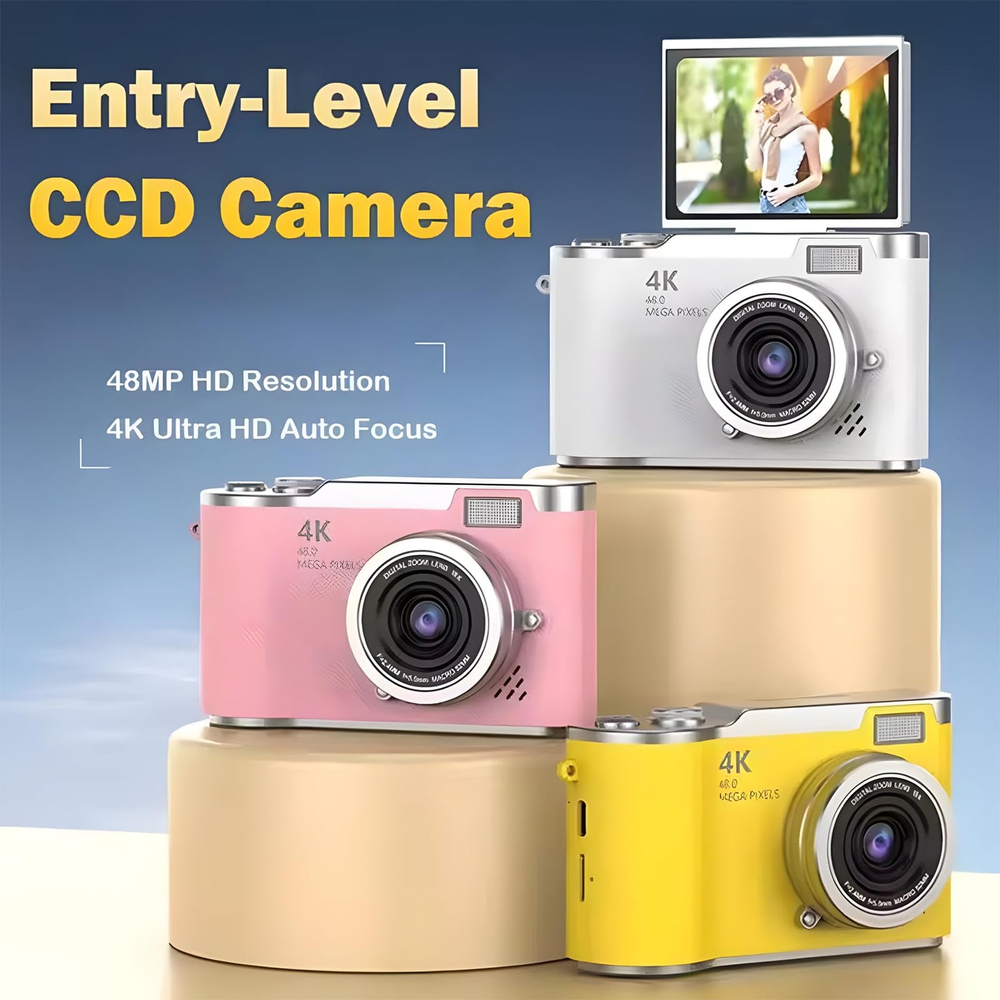 4K Foldable Screen Student Camera, Point and Shoot Digital Cameras with 32GB TF Card, Portable Camera FHD 48MP 4K Digital Camera with 8X Zoom Anti-Shake with Flip Screen (White, Camera Body Only)