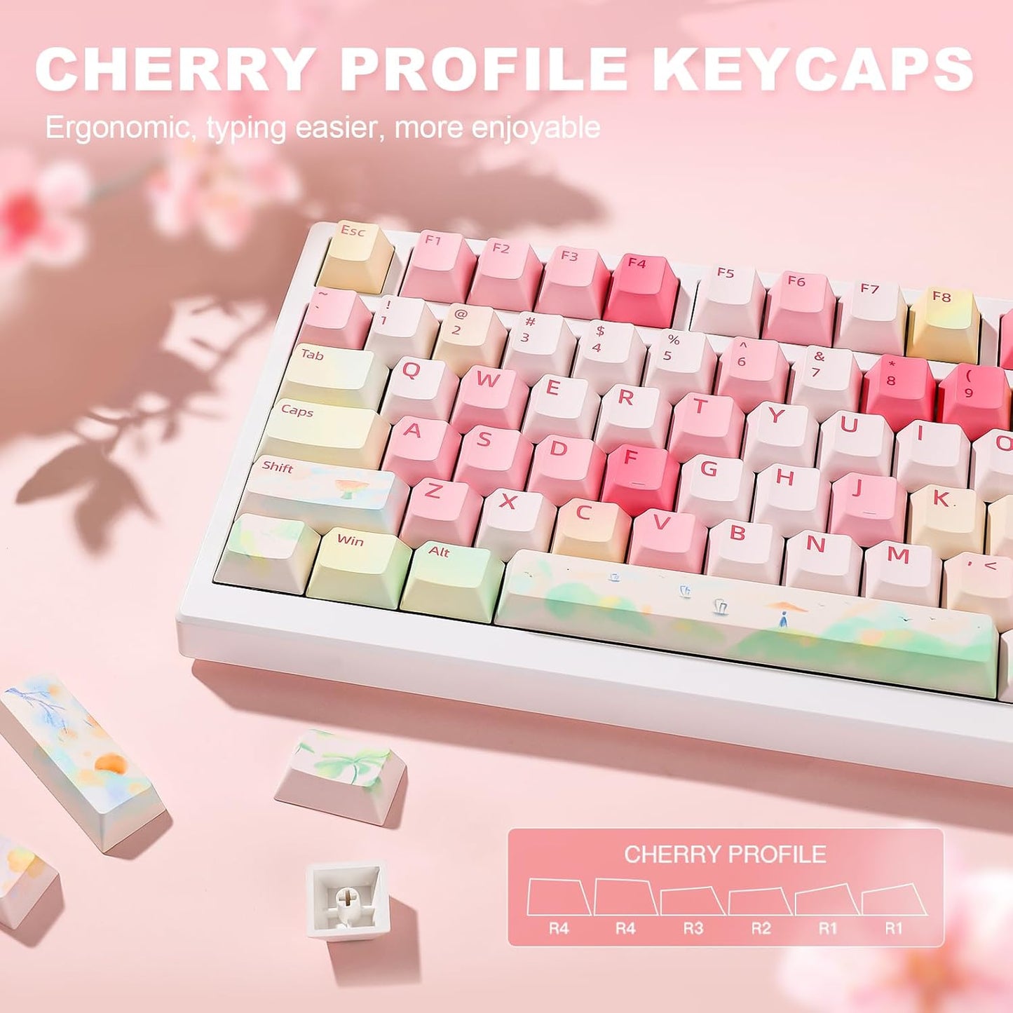 YUNZII Spring Tea Dye Sub PBT Keycaps,145 Full Keys Dye Sublimation PBT Custom Keycap Set with Key Puller for Cherry Gateron MX Switches Mechanical Gaming Keyboard (Cherry Profile, Spring Tea)
