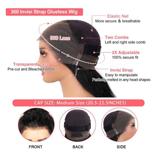 360 Lace Front Wigs Human Hair Body Wave Hidden Strap 360 Glueless Wig Human Hair Full Lace Pre-Bleached Knots Pre-Cut Pre-Plucked HD Lace Natrual Black Color 22 inches