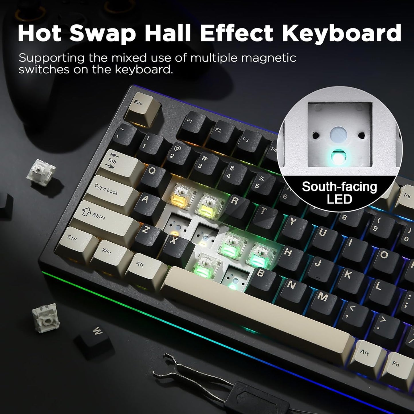 YUNZII RT80 Rapid Trigger Hall Effect Magnetic Gaming Keyboard, 8K Polling Rate, 75% Layout,BT/2.4GHz/Wired,RGB Backlit,Hot Swap,Adjustable Actuation Wireless for Win/Mac(Black, Gateron White)