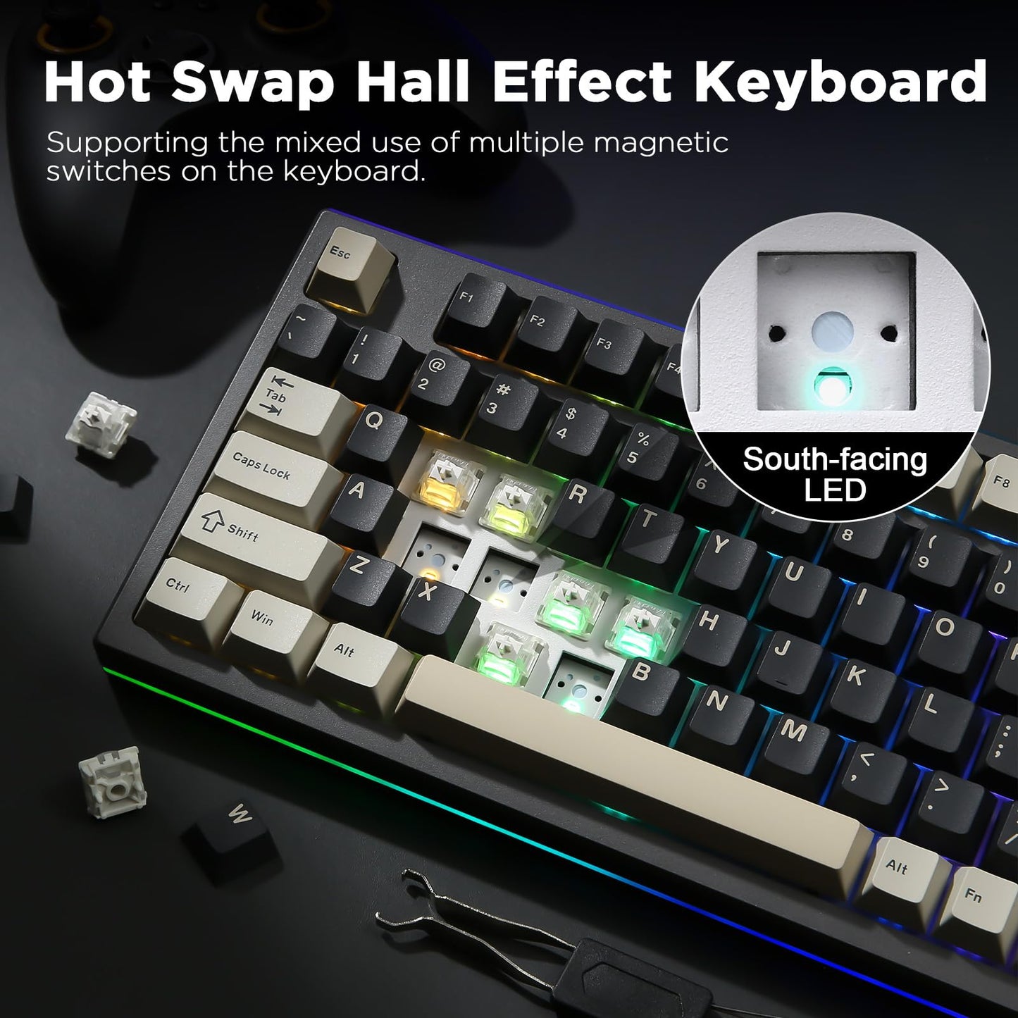 YUNZII RT80 Rapid Trigger Hall Effect Magnetic Gaming Keyboard, 8K Polling Rate, 75% Layout,BT/2.4GHz/Wired,RGB Backlit,Hot Swap,Adjustable Actuation Wireless for Win/Mac(Black, Gateron White)