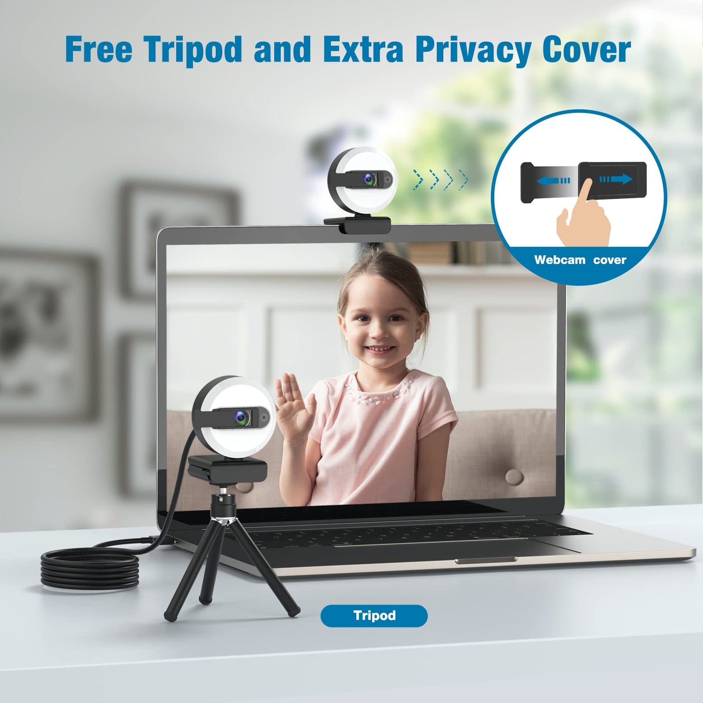2K Webcam with Light and Tripod, Full HD PC Camera Built-in Privacy Cover, 360° Rotation, Adjustable Brightness, Plug and Play USB Computer Webcam for Meeting, Live Streaming, Video Calls, Gaming