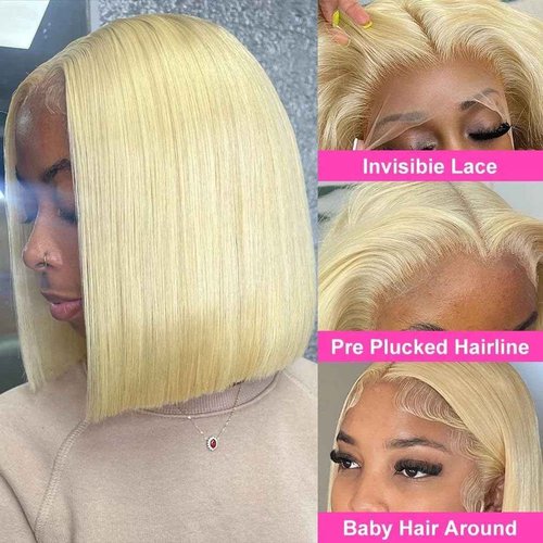 10 Inch 613 Bob Wig Human Hair 13x6 Lace Front Wigs Human Hair Pre Bleached 200% Density 13x6 HD Straight Lace Front Wigs Pre Plucked with Baby Hair