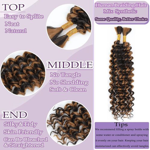Condescension Highlight Chocolate Honey Blonde Human Braiding Hair 50g Per Bundle 2 Pcs Total 100g 24 Inch Deep Wave P4/27 Brazilian Virgin Bulk Braiding Human Hair for Black Women