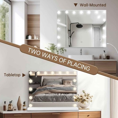 Amifiy Hollywood Vanity Mirror with Lights, 23"x18" Lighted Makeup Mirror for Desk/Wall Mount with 15 Led Bulbs, 3 Lighting Modes for College Dorm, Bedroom & Dressing Room (White)