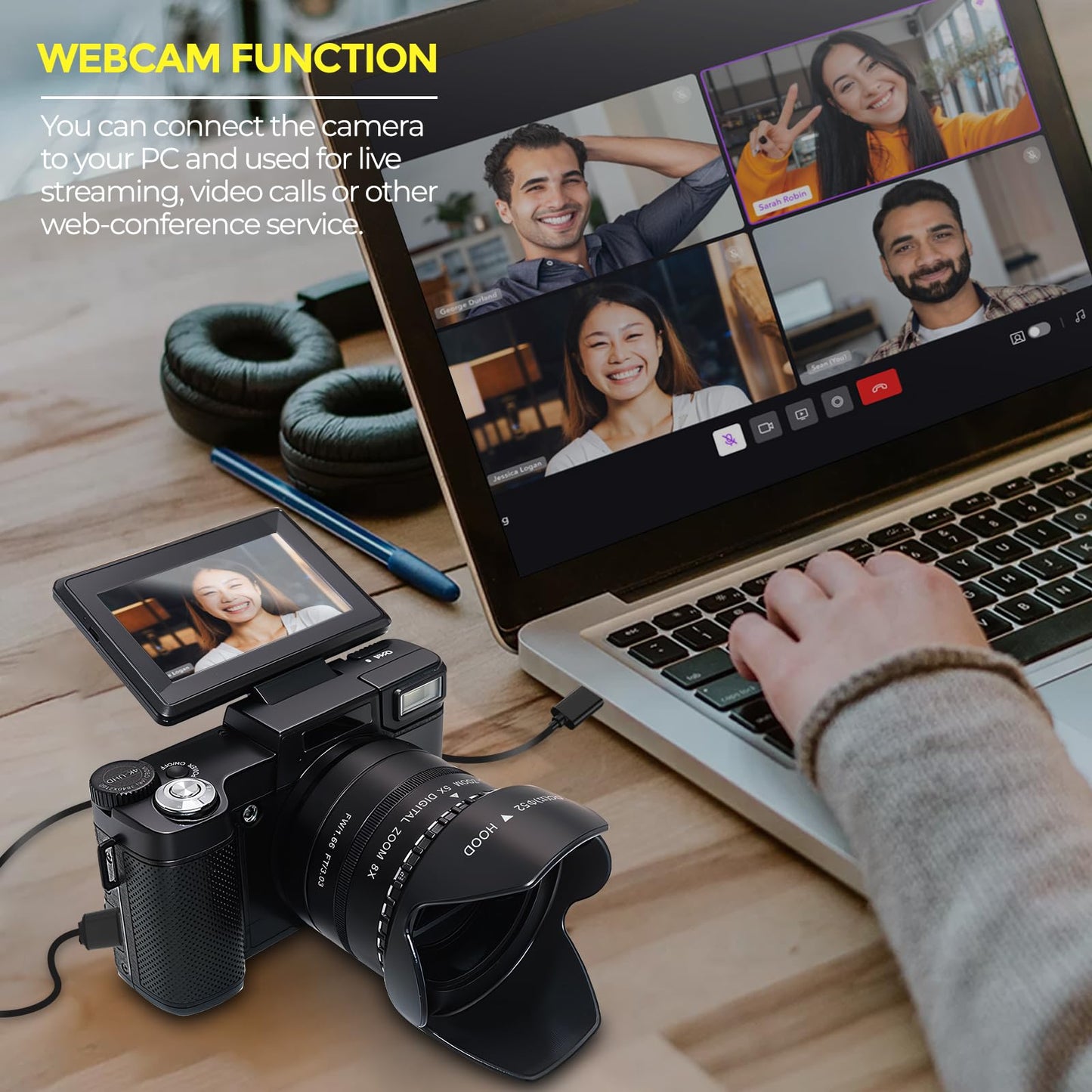 5K Digital Camera, 5X Optical Zoom Cameras for Photography & Video, 64MP Autofocus Vlogging Cameras for YouTube, Flip Screen Camera for Beginners with Carring Bag Case, Lens Hood, Two Batteries