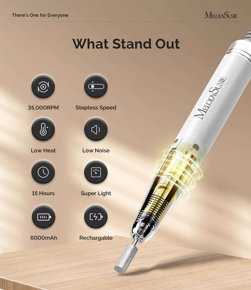 MelodySusie Waist-Mounted Professional Nail Drill MM400C White, 35,000RPM Portable Electric Nail File, Low Noise & Low Heat Coreless Motor Machine with 8 Pcs Nail Drill Bits, for Salon & Home Use