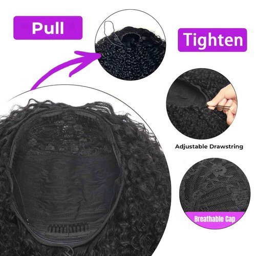 mmiQus Half Wig Human Hair Jerry Curly Half Wig Upgrade 3 In 1 Half Wig Human Hair With Drawstring Seamless Clip Ins Flip Over 200 Density Gluless Wigs For Black Women 18 Inch