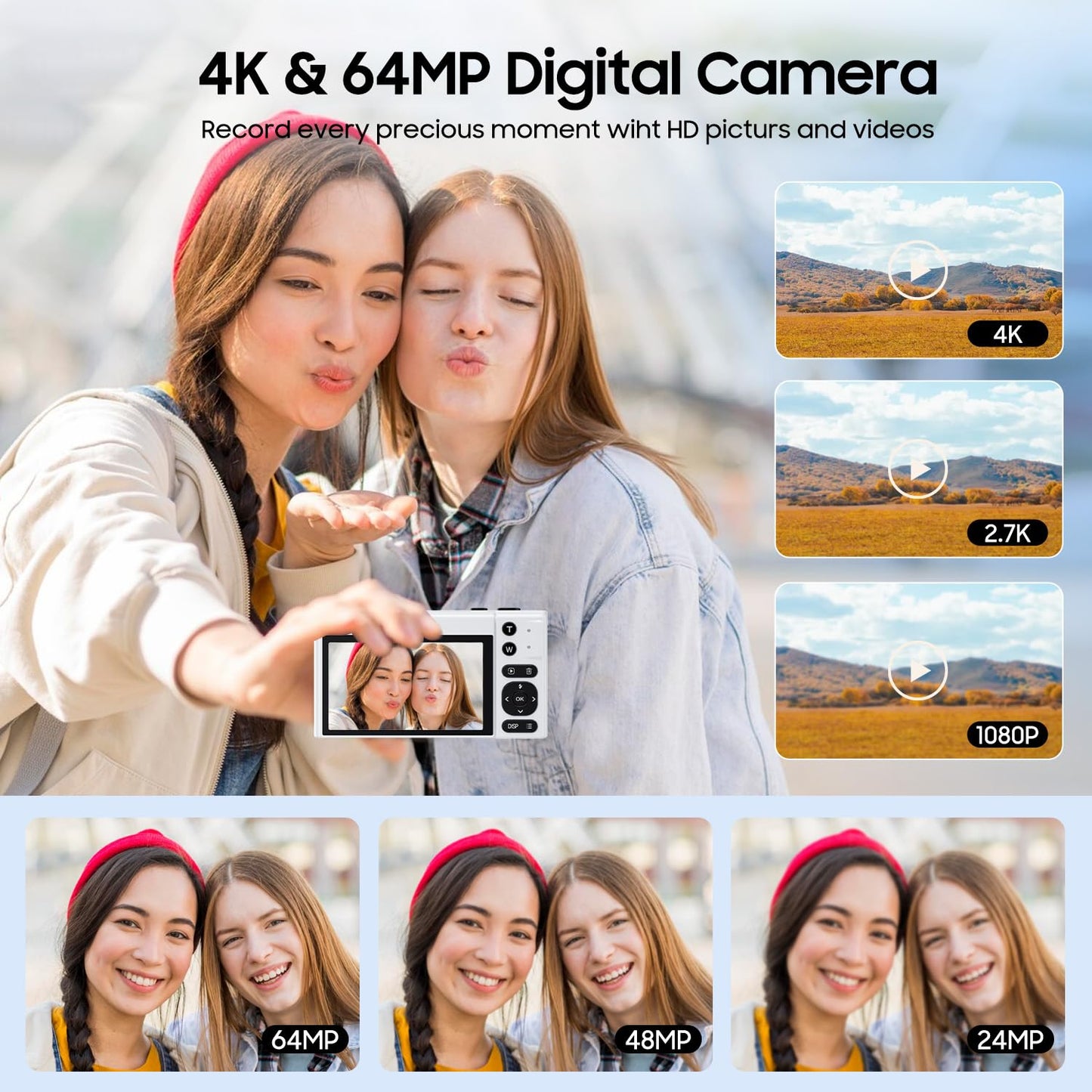 4K Digital Camera, 64MP Vlogging Camera for Photography with 3" 180° Flip Screen, 16X Digital Zoom Point and Shoot Camara with 64GB Micro SD Card for Beginner (White)