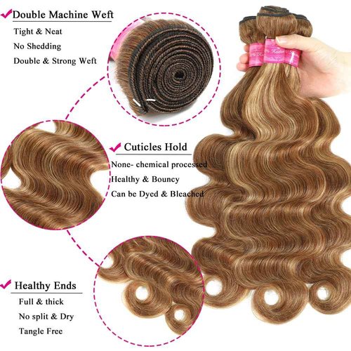 Brown Highlight Ombre Human Hair Bundles Body Wave Bundles 100% Unprocessed Brazilian Virgin Hair Honey Blonde Highlight Body Wave 3 Bundles Double Weft Extensions