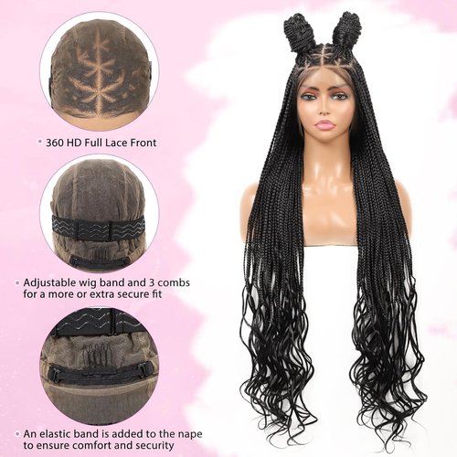 Kalyss 360° HD Full Lace Braided Wigs for Black Women Knotless Braided Wigs with Baby Hair Box Braid Wig Premium Synthetic Lace Front Black Box Braid Wig with Curly Ends 36"