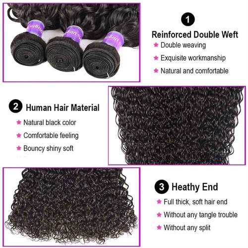 Water Curly Human Hair 3 Bundles (12 14 16 Inch)100% Unprocessed Brazilian Water Wave Human Hair Weaves Remy Virgin Hair Weft for Black Women Natural Color