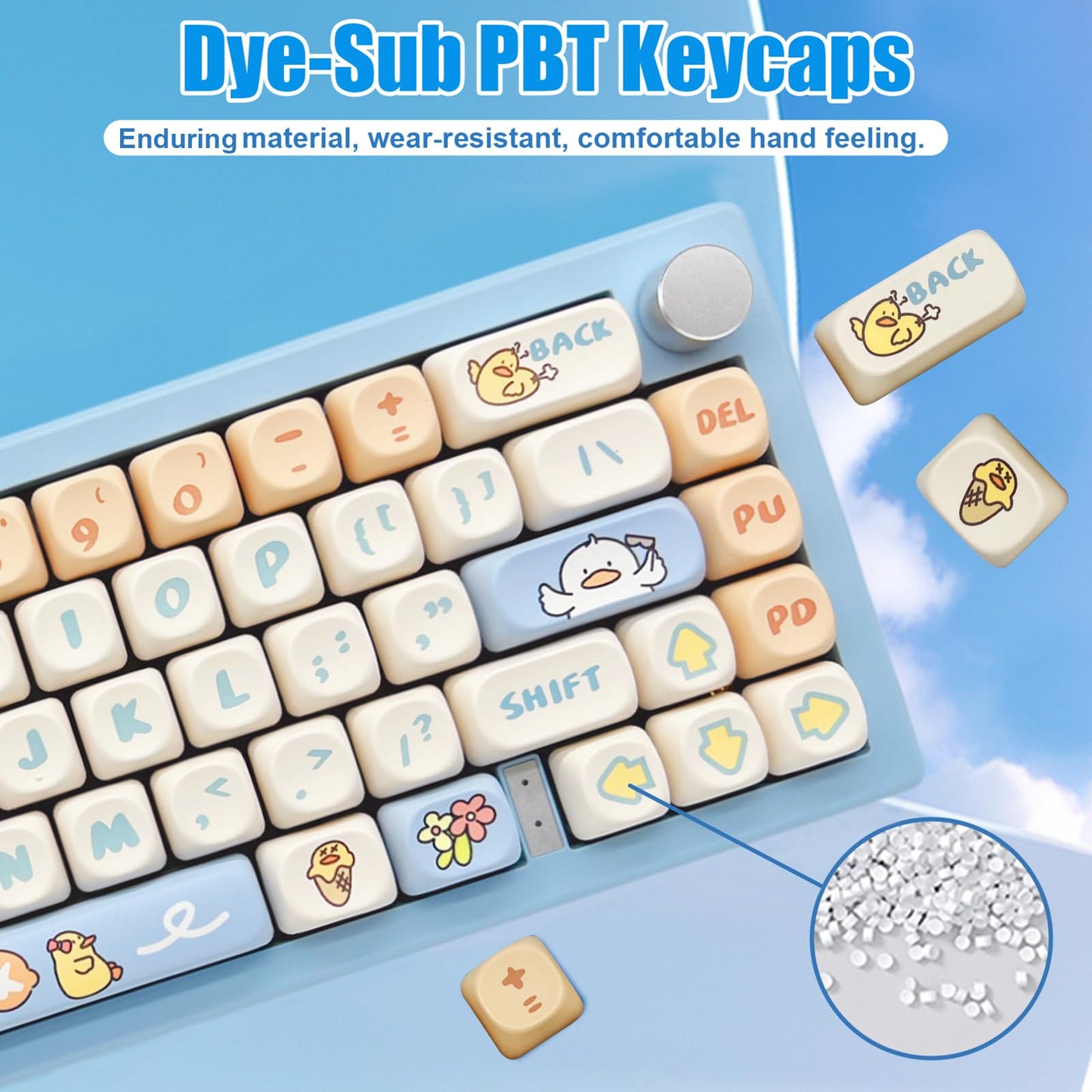 ZMX Cute Duck Keyboard Keycaps,MOA Profile 139 Keys Custom Keycaps Set Thick PBT Dye Sublimation Kawaii Round Key Cap for Cherry MX Switch 75% 60% 100-Percent Mechanical Gaming Keyboard