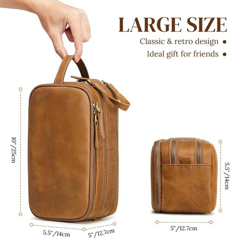 S-ZONE Leather Travel Toiletry Bag for Men Women Traveling Cosmetic Shaving Bags Dopp Kit