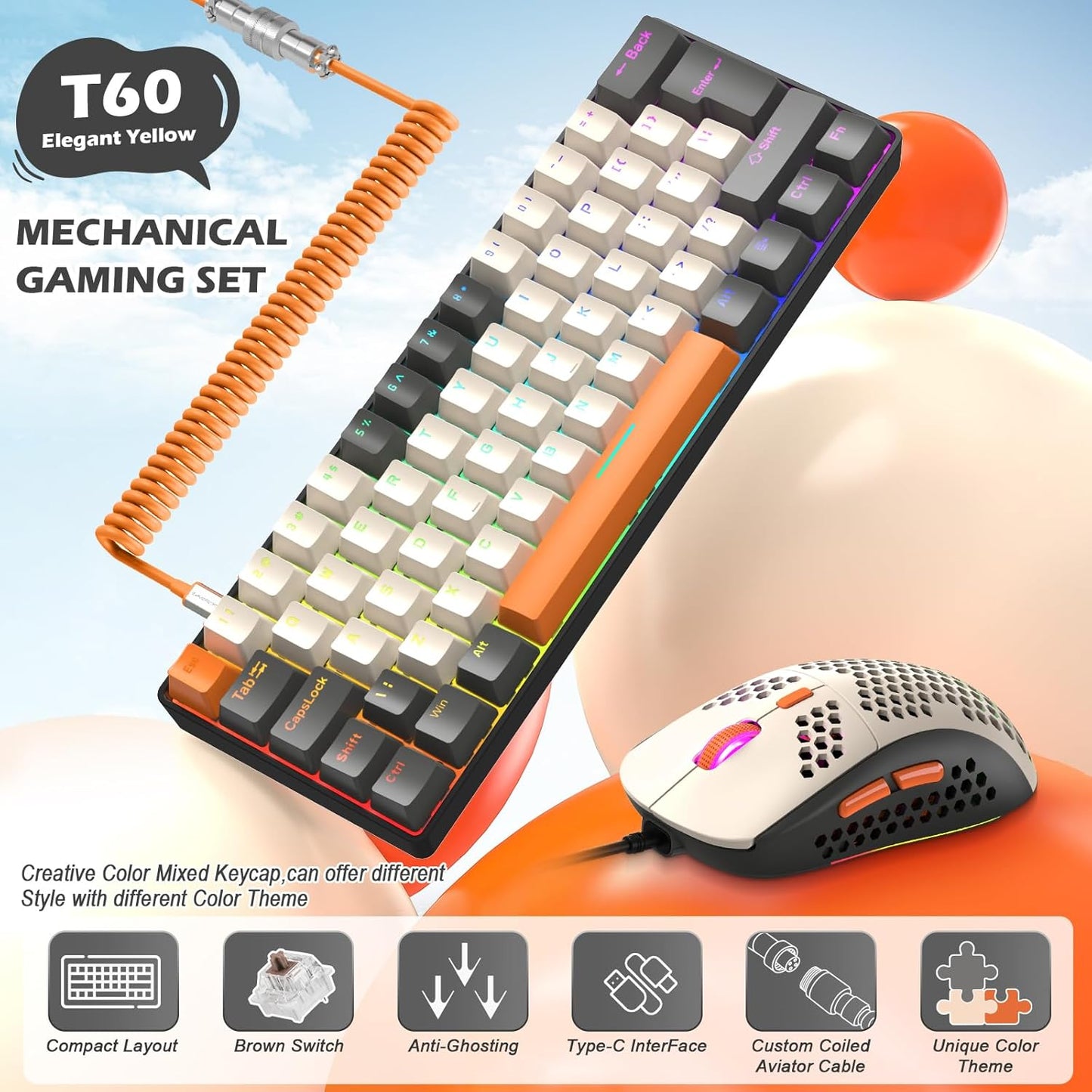 ZIYOU LANG RK-T60 Wired Mechanical Gaming Keyboard and Mouse Combo Portable with Rainbow Backlit 62Key NKRO 6400DPI RGB Honeycomb Mice Coiled Aviator Cable for PS4/PC/WIN Gamer(Light Gray/Red Switch)