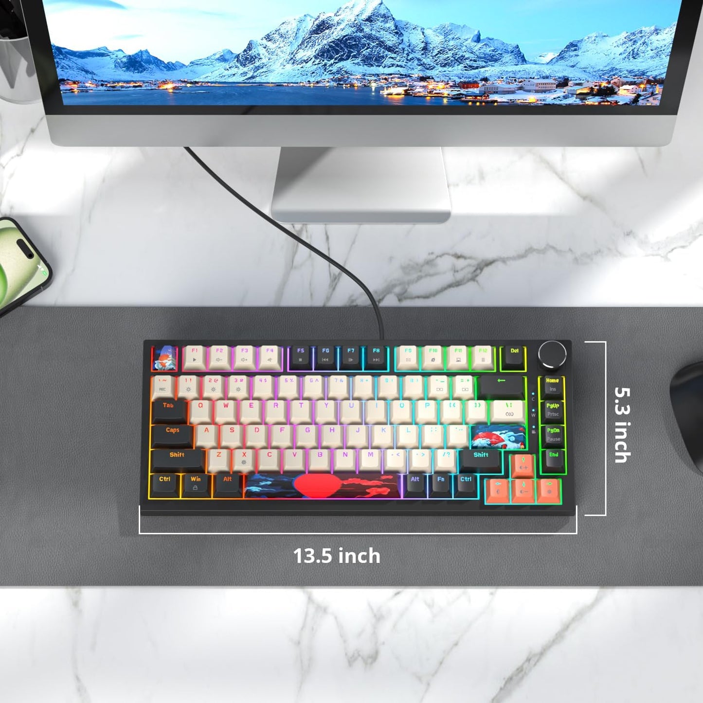 75 Percent Keyboard Gasket-Mounted with Sound Absorbing Pads, 82-Key Compact Wired RGB Mechanical Gaming Keyboard Hot-Swap Socket for Win, Black