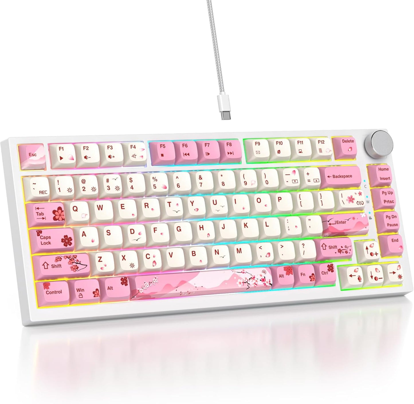 75 Percent Keyboard Gasket-Mounted with Sound Absorbing Pads, 82-Key Compact Wired RGB Mechanical Gaming Keyboard Hot-Swap Socket for Win, Gray White