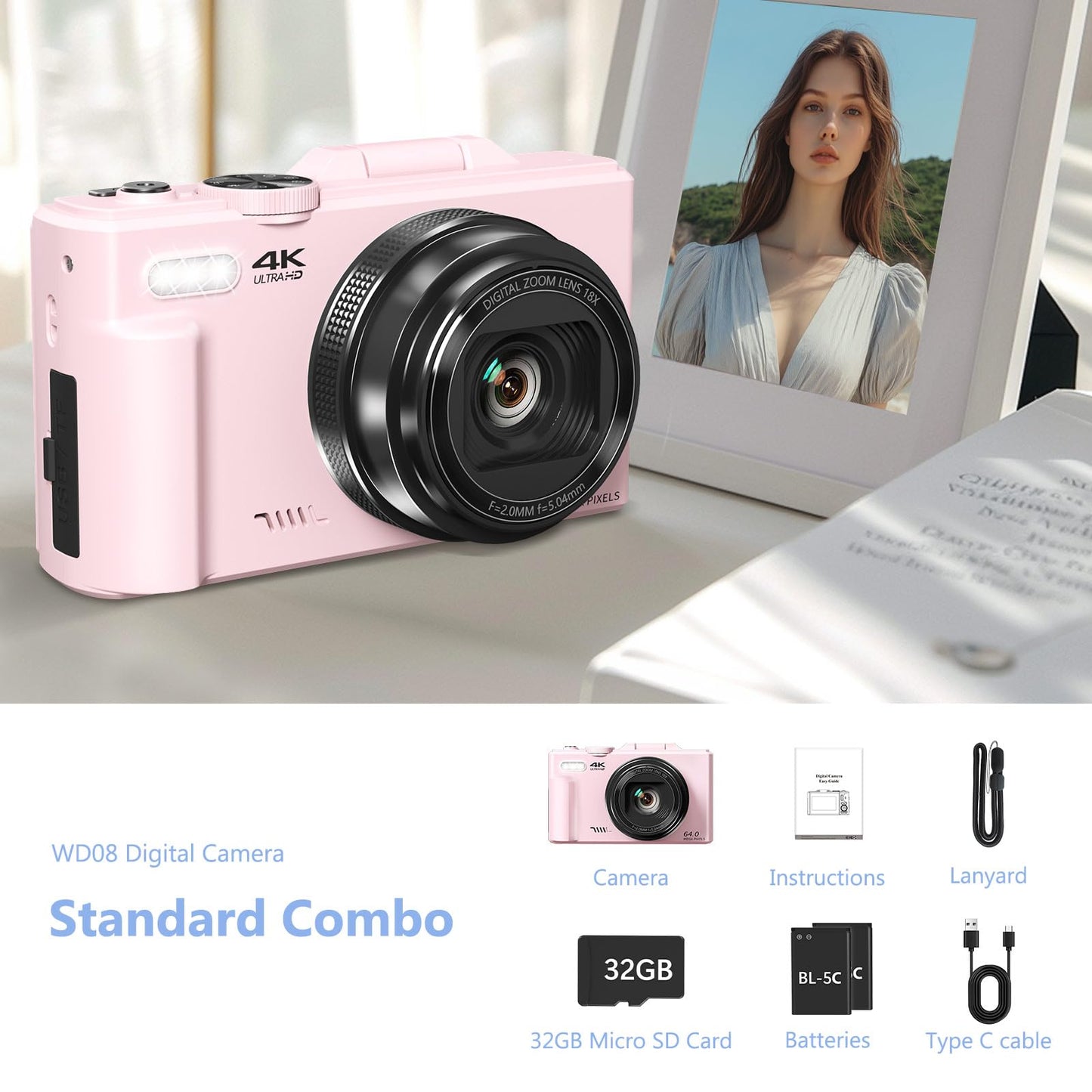 4K Digital Camera for Photography, 64MP Vlogging Camera for YouTube with 3" 180° Flip Screen, 18X Digital Zoom Point and Shoot Camara with 32GB Micro SD Card for Beginner (Pink)