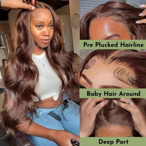 HC 22inch Chocolate Brown Lace Front Wig 13x6 HD Body Wave Human Hair Brown Human Hair Wig 200% Density Pre Plucked Glueless Brown Wig human hair for Women(22inch)
