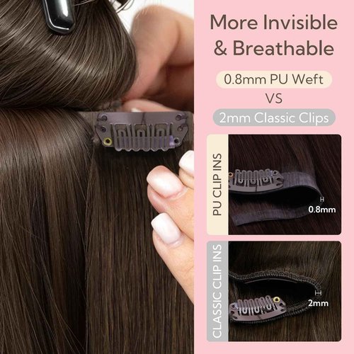 HOTBANANA Seamless Clip in Hair Extensions, 18 Inch 110g 7pcs Ombre Natural Black Mixed Chestnut Brown Invisible PU Skin Weft Straight Remy Human Hair Extensions