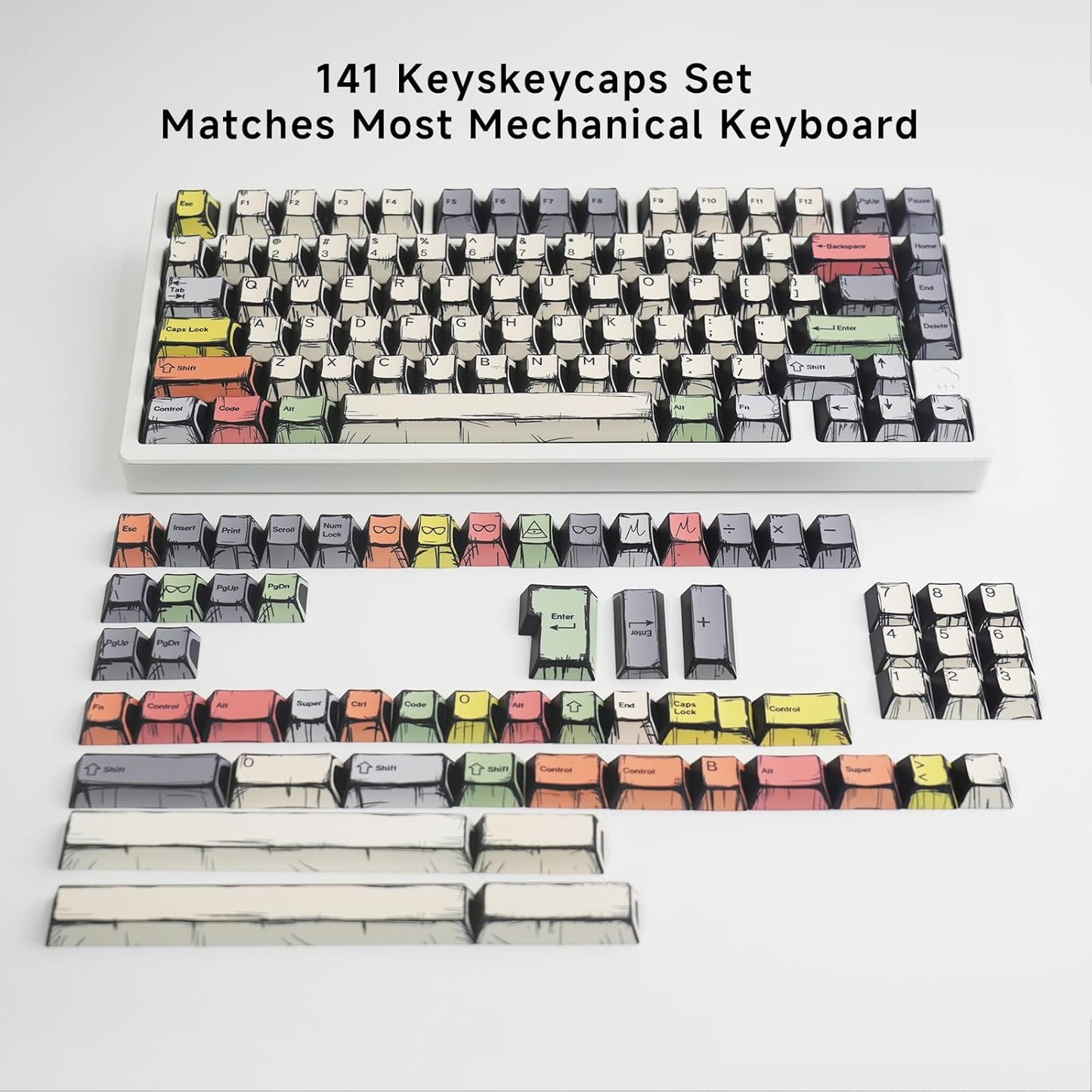 Anime PBT Keycaps,Japanese Manga Cherry Profile Custom Keycaps Set 60 65 75 100 Percent,5 Side Dye Sublimation 137 Keys Set for Cherry Gateron MX Switches Keyboards,Black and White