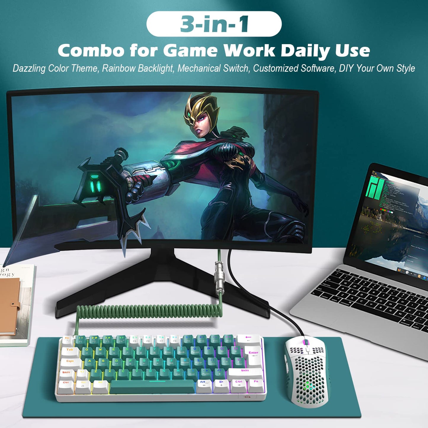 ZIYOU LANG RK-T60 Wired Mechanical Gaming Keyboard and Mouse Combo Mini Portable with Rainbow Backlit 62Key NKRO 6400DPI RGB Honeycomb Mice Coiled Aviator Cable for PS4/PC/WIN Gamer(Green/Blue Switch)