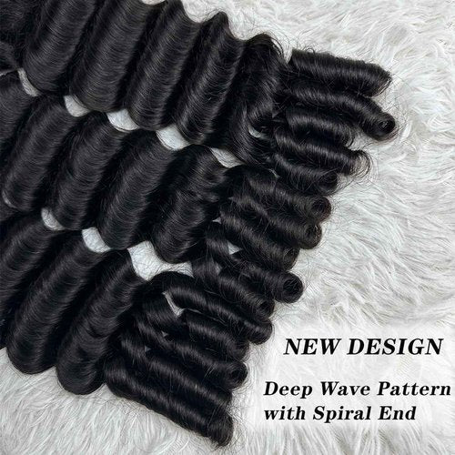 SWEETGIRL Deep Wave Human Hair Bundles Burmese Curly Bundles Human Hair Quick Weave with Spiral End Sew in Hair Extensions, Real Virgin Remy Hair, 16 18 20 Inches, Natural Color