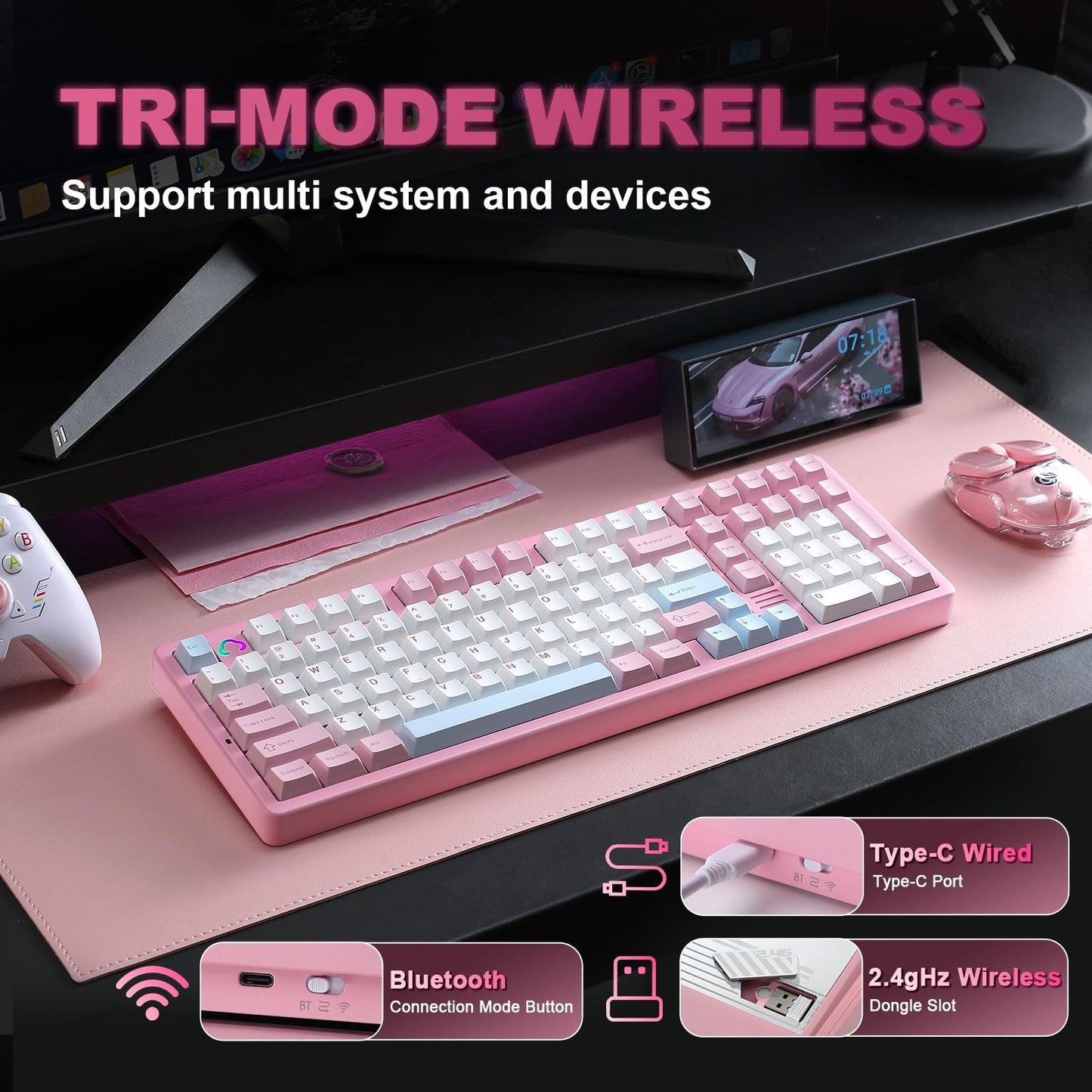 YUNZII AL98 QMK/VIA Wireless Mechanical Gaming Keyboard,Full Aluminum,BT/2.4G/USB-C, Pre-Lubed Hot Swappable Gasket Mount 1800 Layout,RGB Backlit for Win/Mac (Pink, Milk Switch)