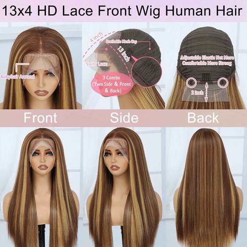XZZ 28 Inch Highlight Ombre Lace Front Wig Human Hair 13x4 HD Lace Front Wigs Pre Plucked With Baby Hair Honey Blonde 4/27 Color Straight Balayage Lace Front Wigs 200% Density Glueless Frontal Wig
