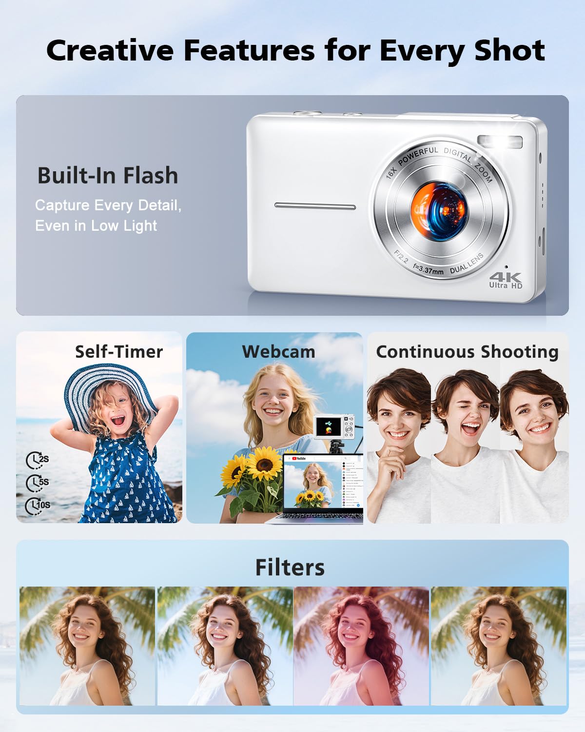 YAXTIFIU 4K Digital Camera, 64MP Autofocus Vlogging Camera with Front Rear Lens, Flash, 16X Zoom, Anti-Shake, 32GB Card, Compact Point Shoot Camera for Teens Adult Beginner Travel Photography(White)