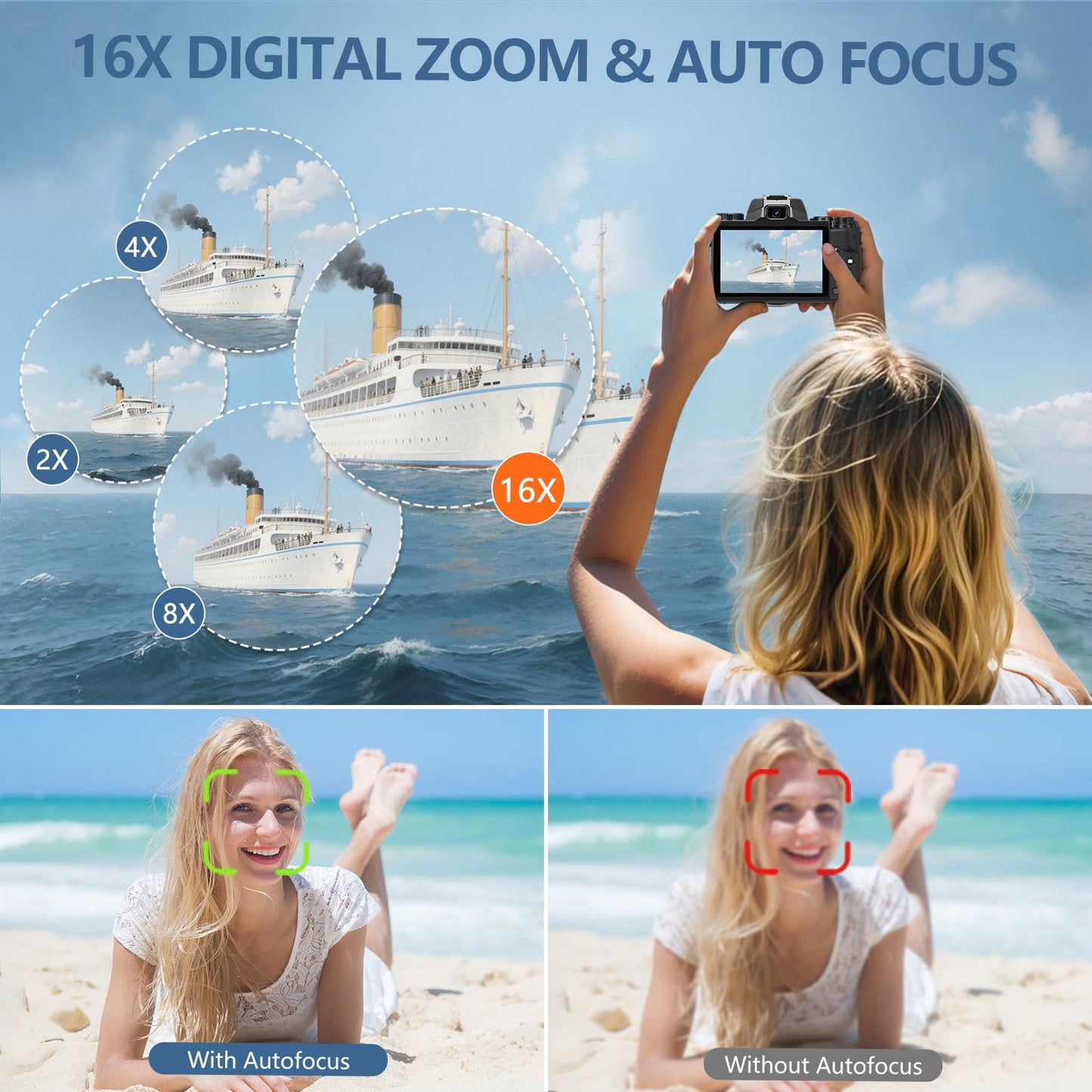 8K Digital Cameras for Photography, WiFi 64MP Vlogging Camera for YouTube, 4" Touch Screen Travel Camera with Dual Lens, Auto Focu, 16X Digital Zoom, 3000mAh Batteries, 32GB Card, Black
