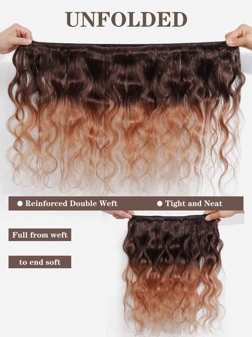 2 Tone Ombre Brazilian Body Wave Hair 3 Bundles Brazilian Remy Virgin Human Hair Weave Bundles 100% Unprocessed Body Wave Human Hair Extensions T4/30 Medium Brown/Medium Auburn(10 12 14)