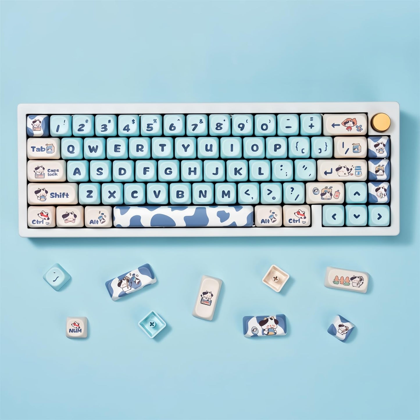 ZMX Cute MOA Keycaps,Kawaii Milk-Cow Round Keycap Custom Full Size Keycap Set Dye-Sub Thick PBT Key Cap for Cherry MX Switch 75% 60% Mechanical Gaming Keyboard Creamy Keycaps (142Keys)