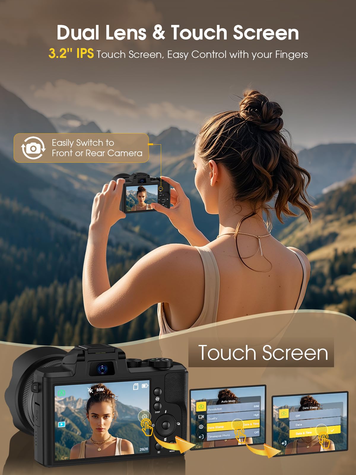8K Digital Camera, 88MP Cameras for Photography with WiFi & Touch Screen, 16X Zoom Vlogging Camera for YouTube Video, Autofocus & Anti-Shake, Dual Camera, 2 Batteries, 64GB Card, Flash, Lens Hood