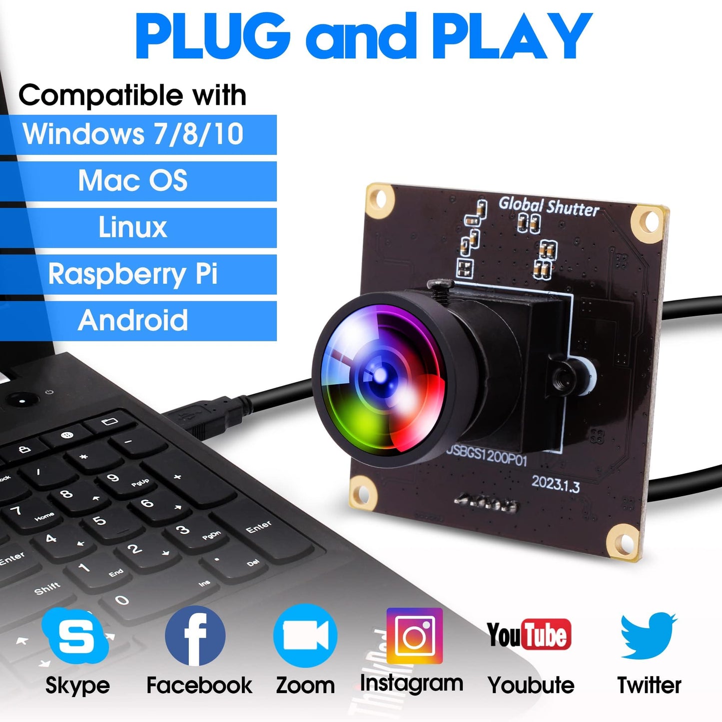 ALPCAM 2MP Global Shutter USB Camera Module 1200P 90fps High Speed Webcam with Wide Angle No Distortion Lens AR0234 UVC Lightburn Camera for Golf Swing Windows, Linux, Android,Mac OS