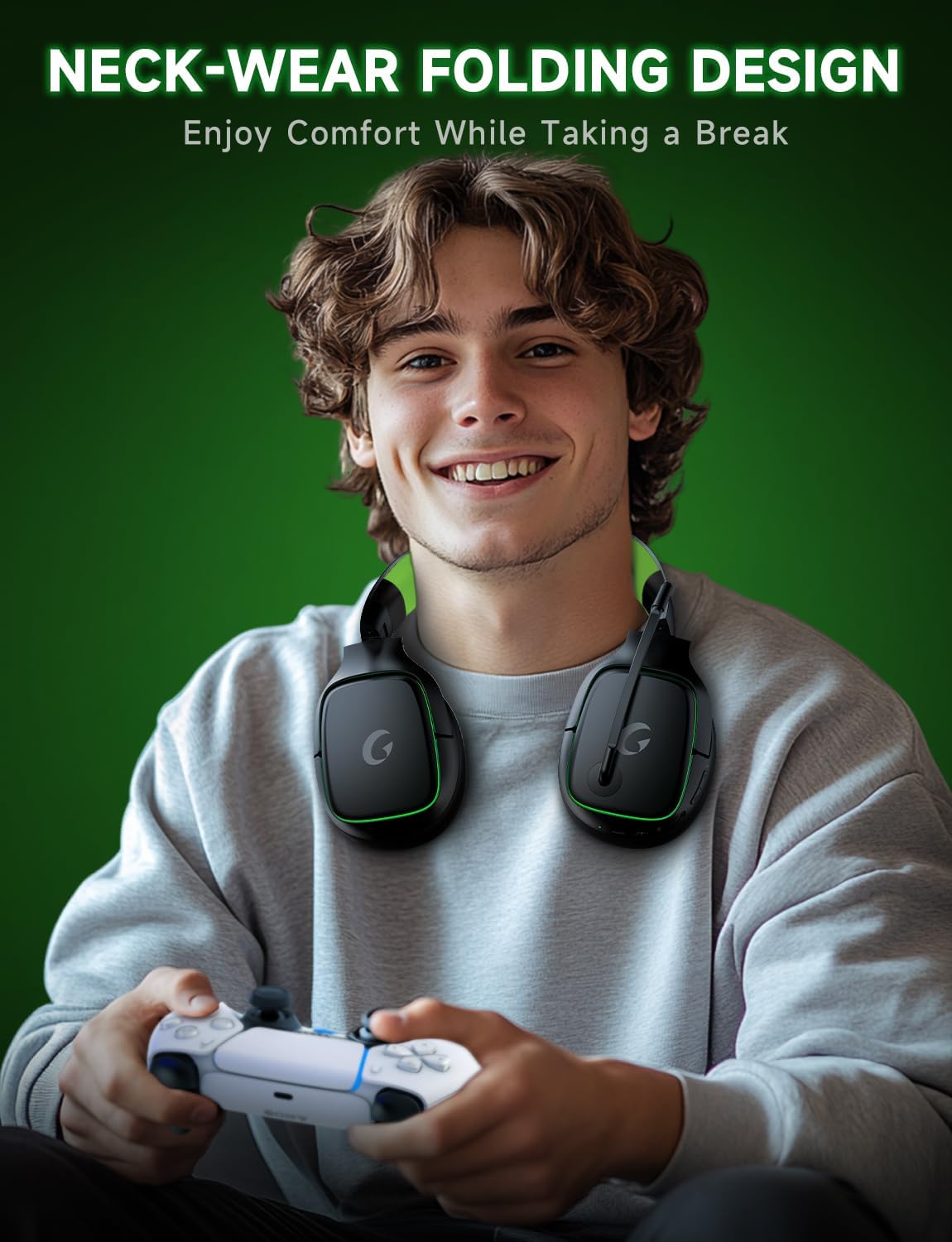 2.4GHz Wireless Gaming Headsets for PS5, PS4, PC, Switch - Bluetooth 5.3 Gaming Headphones with Noise Canceling Mic, 7.1 Surround Sound, 70H Battery, Blue Lighting - White
