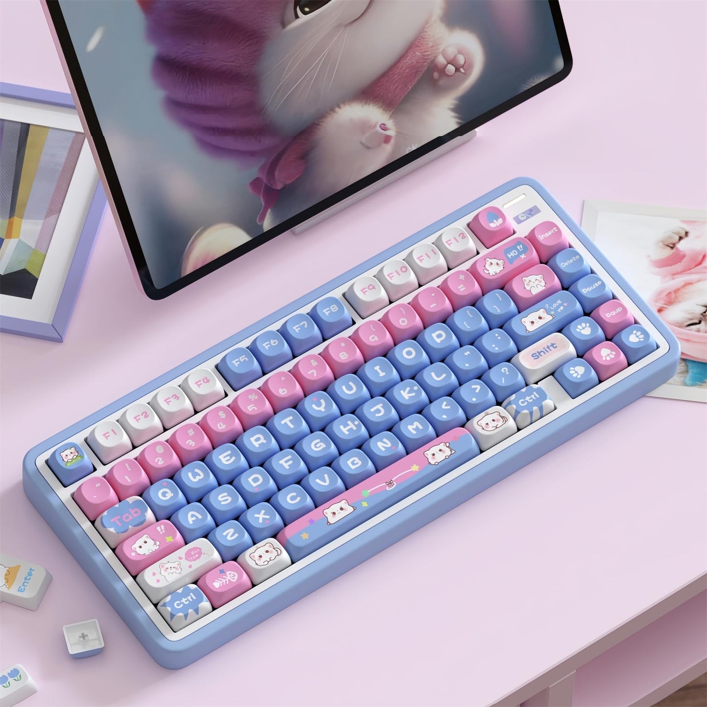 ZMX Cute Cat Keycaps,Kawaii PBT Dye-Sub Custom Keycaps SOA Profile 136 Keys Full Size Keycap Set for 60% 65% TKL Cherry MX Switch ANSI Layout Mechanical Gaming Keyboard Creamy Keycaps (02)