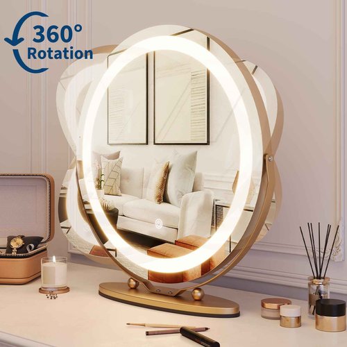 GarveeHome 19 in Vanity Mirror with Lights, Round Large LED Vanity Mirror with Smart Touch 3 Colors Dimmable, Touch Lighting, 360° Rotation for Dressing Room & Bedroom Tabletop, Easy Assembly(Gold)