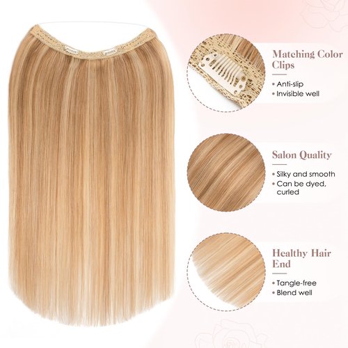 S-noilite Halo Hair Extension Invisible Wire in Real Remy Human Hair Extensions with Clips Adjustable Hidden Wire in Hair Extension for Women 16 inch Camel Bown Highlighted Blonde
