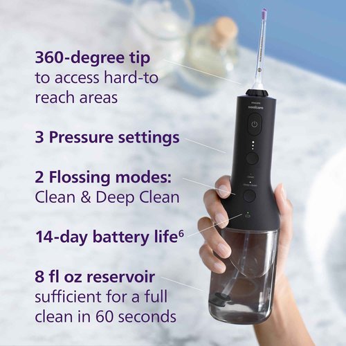Philips Sonicare Cordless Power Flosser 3000 - Water Flosser with Innovative Quad Stream Technology, Oral Irrigator with 2 Flossing Modes and 3 Pressure Levels, IPX7 Waterproof, Black, HX3826/23
