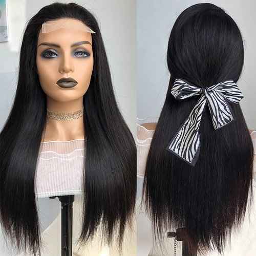 Ainimiu Straight Lace Front Wigs Human Hair Pre Plucked 180% Density Glueless 12A Brazilian Virgin Hair 4x4 Lace Closure Wig For Black Women Natural Black With Baby Hair 16inch
