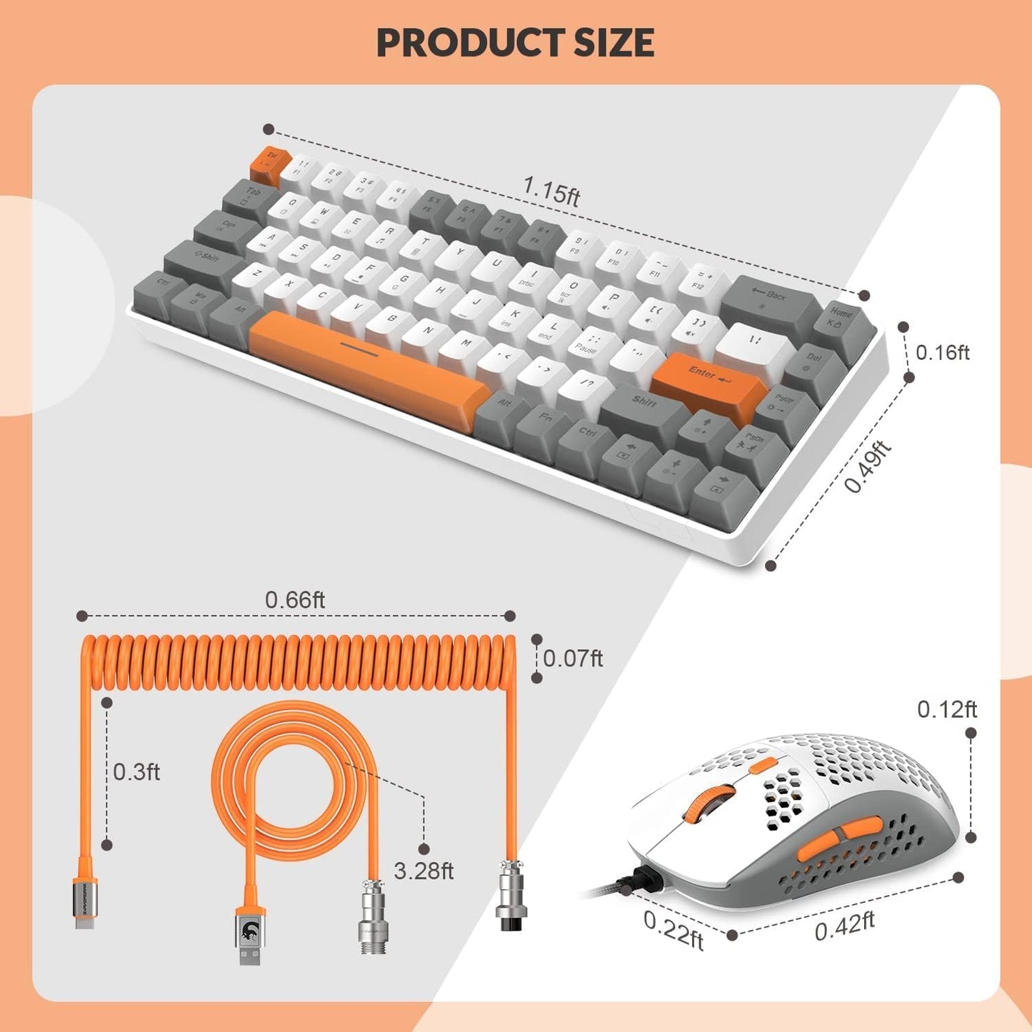 ZIYOU LANG RK-T8 Wired 65% Mechanical Gaming Keyboard with RGB LED Backlit Anti-ghosting TKL Mini 68 Key Custom Coiled C to A Cable Tactile Blue Switch for PS4 PS5 Xbox PC Mac Gamer(White/Blue/Red)