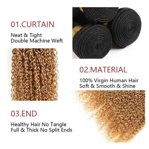 1B27 Ombre Curly Wave Bundle Blonde Human Hair 3 Bundles Kinky Curly 100% Unprocessed Virgin Hair Brazilian Double Weft Extensions Blonde Color 26 28 30 Inch For Women