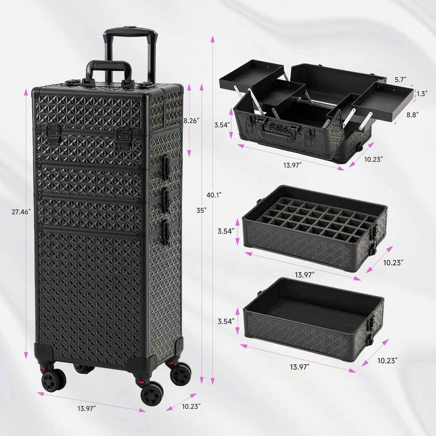 Leeora&Leekoo Portable Multi-Storey Nail Case for Nail Tech Organizer - Wheels Makeup Case Organizer, Cosmetic Case, Makeup Train Case, Make Up Case (Black)