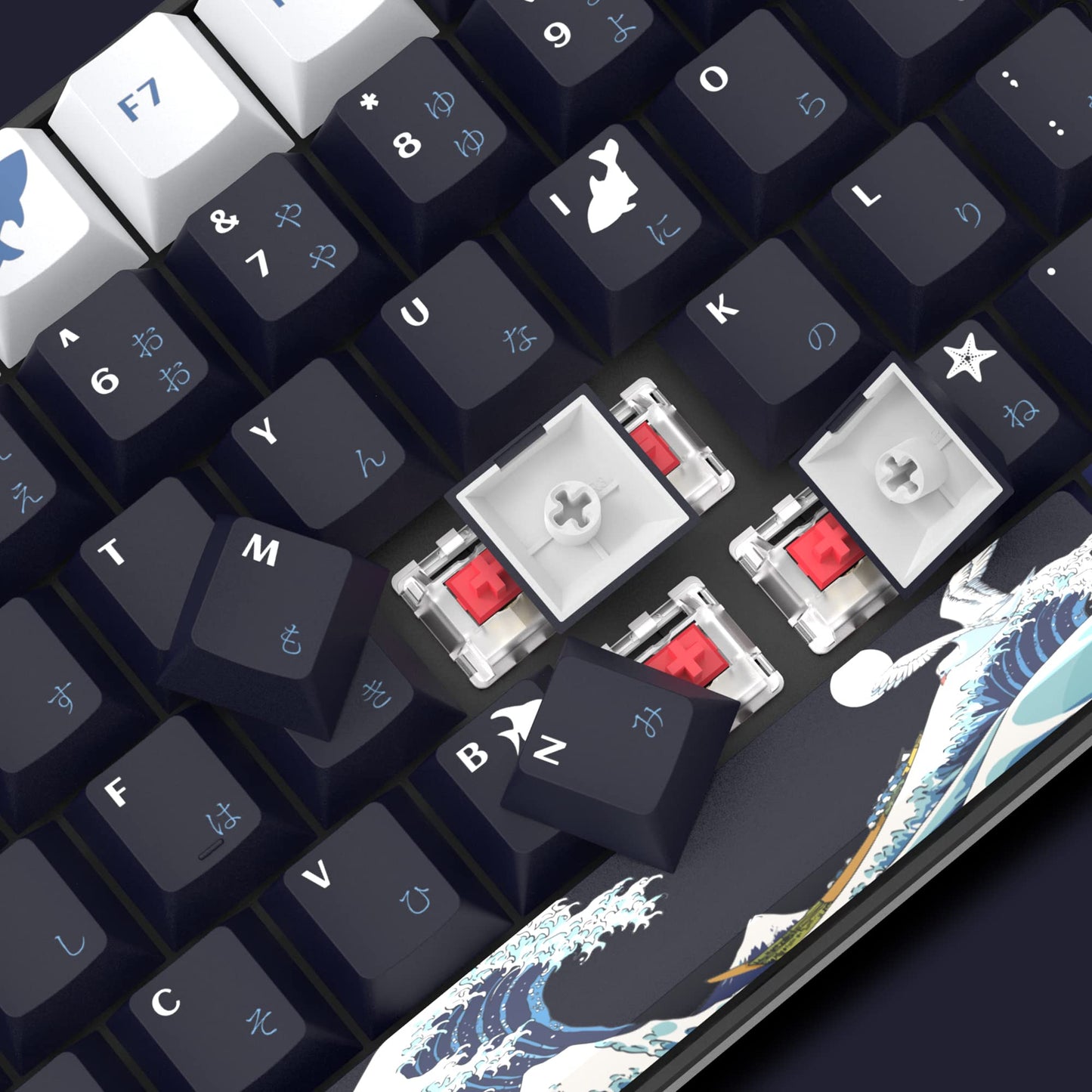 XVX PBT Keycaps - 132 Keys, Great Wave Off Kanagawa Japanese Keyboard Set, 5 Side Dye-Sub Custom Keycaps, Cherry Profile for Cherry/Gateron MX Switches