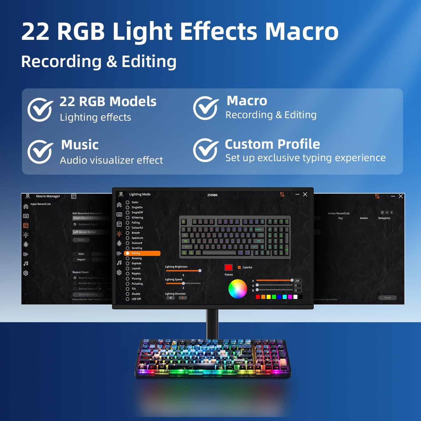 ZORNHER ZH980 Wireless Mechanical Gaming Keyboard,95% Blue Creamy Keyboard with Number Pad,Van Gogh's Starry Night Dye Sublimation PBT Keycaps,Pre-lubed Linear Switches,Hot-Swappable,RGB Backlit